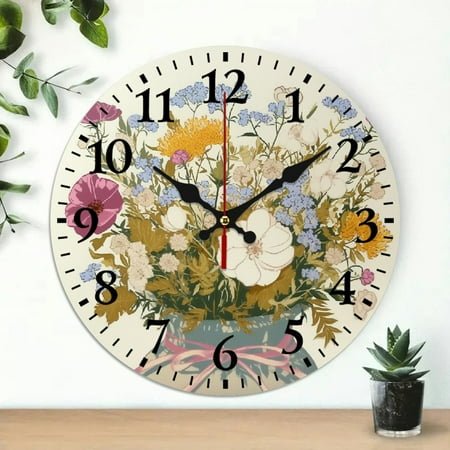 Pratyus 10 Inch Wall Clock Flowers Ribbon Print Silent Mechanical Movement Wall Decor for Living Room - Perfect for Decorating Living Rooms, Kitchens, Dorms - Wood Frame, Battery Operated 10x10in