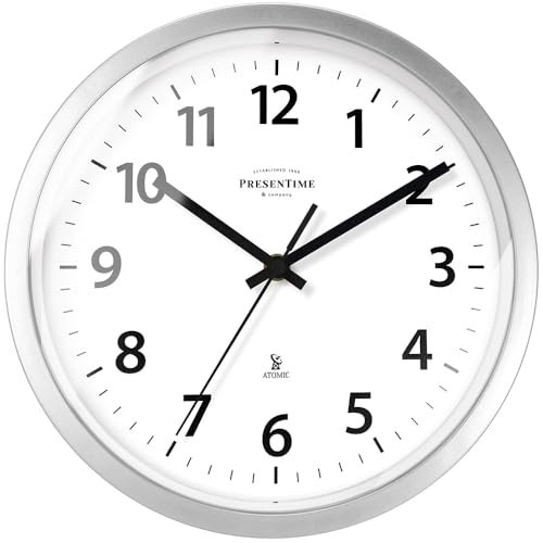 Presentime & Co 10" Atomic Wall Clock, Silent no Ticking, Automatically Sets Itself and Adjust to Daylight Saving Time by WWVB - Faux Stainless Steel Finish. (Home Office)