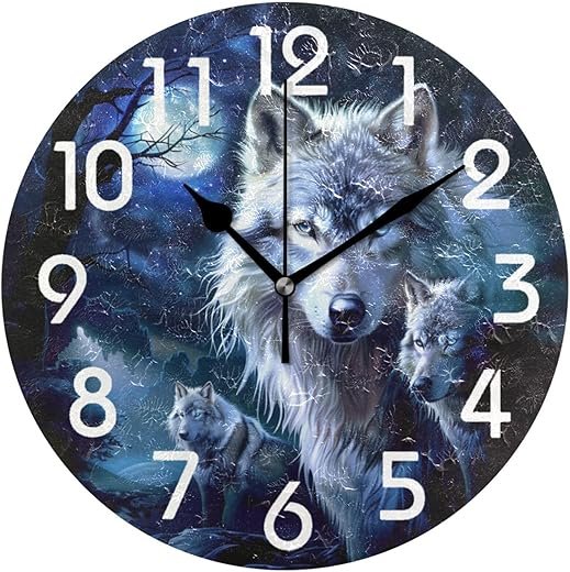 Pretty Magic Night Forest Tree Three Wolves Round Wall Clock, 10 Inch Analog Quiet Non Ticking Desk Clock for Home Kitchen/Living Room/Bedroom/Bathroom/Office