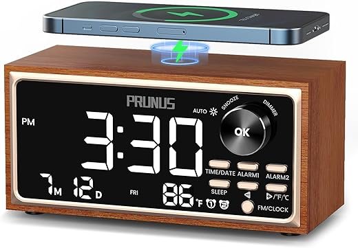 PRUNUS J-177 Retro Vintage Alarm Clock Radio with Fast Wireless Charging, Dual Alarms, Snooze, Large LED Display,Dimmer Control,Auto-Dimming,Retro Clock for Bedroom