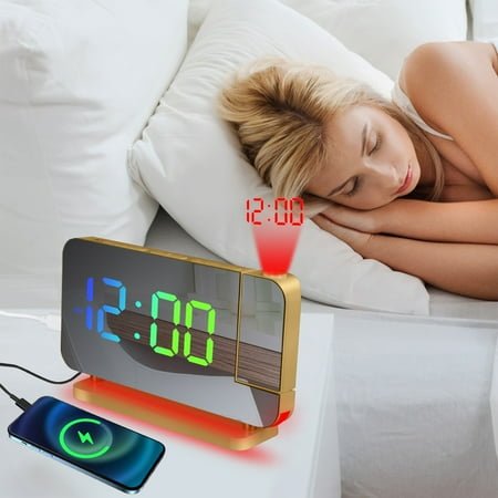 PWPSG Multi-Functional Smart Projection Alarm Clock with Phone Charging LED Temperature & Humidity Display and Digital Projection for Bedroom Use Yellow