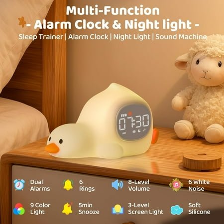 PYYAN-Laying Duck Alarm Clock with Night Light for Kids with Sleep Training and Sound Machine, Rechargeable Silicone Lamp OK to Wake ClockCute Animal Tabletop Lamp, Perfect Sleep Companion for Boys G