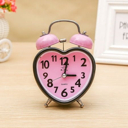 QIFULL 1Pc Sky Blue Heart Shape Metal Alarm Clock Desktop Ring Bell Clock with Night Light
