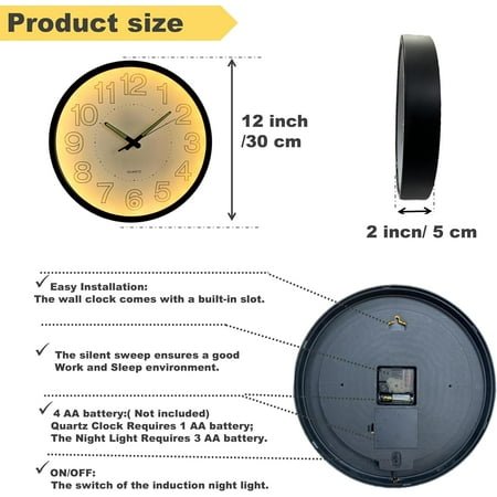 QIHE-12 inch Luminous Round Silent Non-Ticking Quartz Wall Clocks, Large Numbers and Hands, Easy to Read Both Day and Night (Warm Tones)