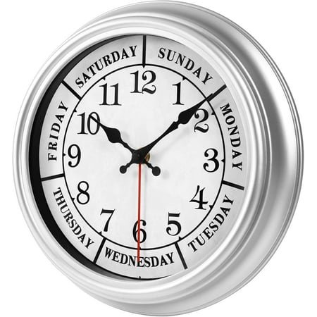 QIHE-12 Inch Retro Wall Clock,Classic Day of The Week Wall Clock,Silent Non Ticking Battery Operated Movement(Silver)