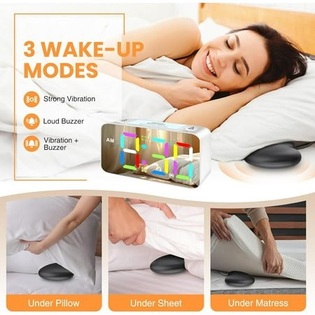 QIHE-Loud Vibrating Alarm Clock with Bed Shaker for Heavy Sleepers Adult Hearing Impaired Kids Bedroom, 2 Alarms Digital Clock 15 RGB Colors/7'' Large Mirror Display, Nightlight,USB Charger,Batter