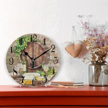 QIHE-Vintage Wine Glasses Bottle Grape Round Wall Clock Non-Ticking Silent Battery Operated Decorative Clock for Living Room Home Office Decor