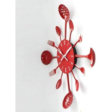 QIHE-Wall Clock, 16 Metal Kitchen Cutlery Utensil Spoon Fork Wall Clock Creative Modern Home Decor Antique Style Wall Watch (Red)