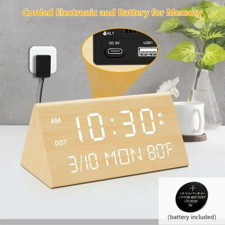 QIHE-Wooden Digital Alarm Clock, 0-100% Dimmer, 2 Alarm Settings, Weekday/Everyday Mode, 9 Mins Snooze, 12/24H, Temperature and Date Display for Office, Travel, Bedroom Alarm Clock (Bamboo)