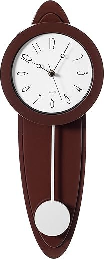 Quickway Imports Modern Grandfather Brown Oval Pendulum Wood-Looking Plastic Wall Clock for Living Room, Kitchen, or Dining Room