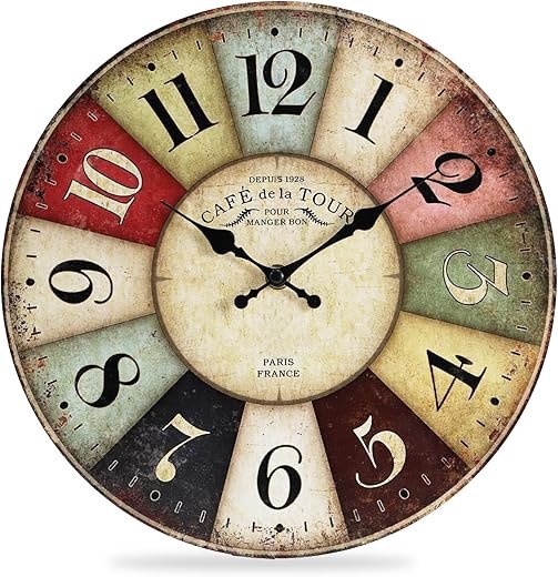QWANPET Wall Clock - 12 Retro Rustic Style Quartz Clock, Silent Non-Ticking Wooden Battery Operated for Living Room, Kitchen, Home, Bathroom, Bedroom