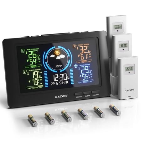 Raddy WF-80C Weather Station with 3 Remote Sensors, 7.5 Large Color Display, Monitoring Temperature, Humidity, Barometric Pressure with Weather Forecast, Moon Phase, Atomic Clock, Alarm Clocks