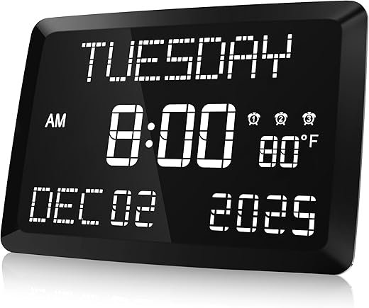 Raynic Digital Clock, 11.5 Large Display Calendar Clock with Day and Date, Indoor Temperature, Adjustable Brightness, Snooze,12/24H, DST for Home, Office, Elderly