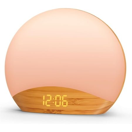 REACHER Wood Grain Sunrise Alarm Clock and Sound Machine Nightlight, Digital Dimmable Clock for Bedroom, 26 Sleep Sounds, White Noise Machine for Baby, Adults, Wake Up Light Alarm Clock for Kids