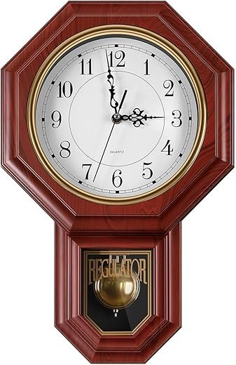Regulator Wall Clock with Pendulum,Imitation Red Wood Plastic Wall Clock Battery Operated,Vintage Decorative Wall Clocks for Living Room,Farmhouse,Office,Bedroom,Kitchen,Wall Decor