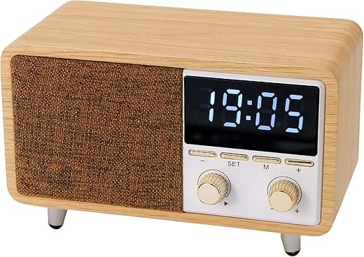 Retro Bluetooth Speaker Clock Radio with Fabric Grille&Wood Finish,Vintage FM Radio with Dual Alarm,Dimmable LED Display for Bedroom Nightstand,Office Desk,Loud Sound,Rechargeable,Knob Control ,TF&AUX