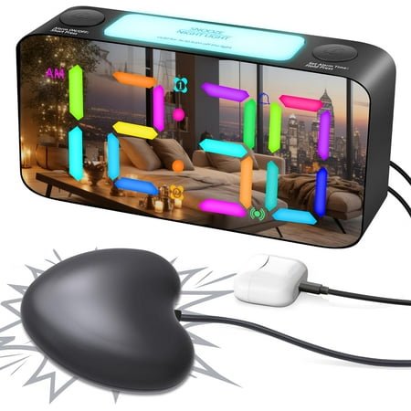 RGB Alarm Clock with Bed Shaker - Extra Loud for Hearing Impaired, 7-Color Night Light, USB Charger, Power-Off Memory