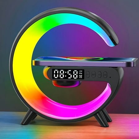 RGB Wireless Charger 3-in-1 Qi Charging Station -RGB Color-Changing Night Light, Wireless Speaker, Alarm Clock Desk Lamp, Adjustable Brightness, Snooze USB Port,Compatible with iPhone/Android/Samsung