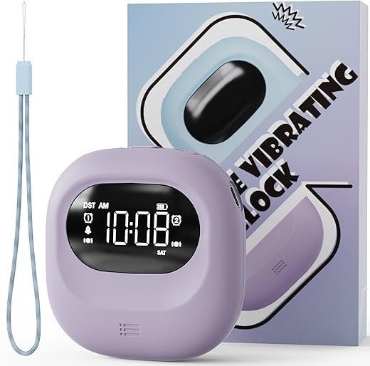 ROCAM Vibrating Alarm Clock for Heavy Sleepers, Rechargeable 3000mah Portable Deaf Clock Bed Shaker for Bedroom Or Dorm, Dual Alarm 160-Day Standby Mini Alarm Clock for Teens, Adults, Purple
