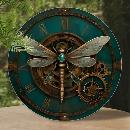 Room Decor 1pc Steampunk Dragonfly Wall Clock, Aluminum Vintage Metal Sign, Rustic Floral Pattern, Mechanical Gear Design, Antique Bronze & Teal Finish, with Glass Wings, for Home Decor