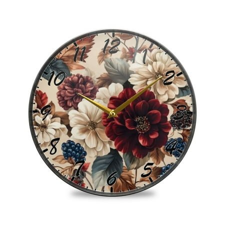 Round Clock Wall Clock Decorative Clock 9.5 Sizes Clock Burgundy Hydrangeas