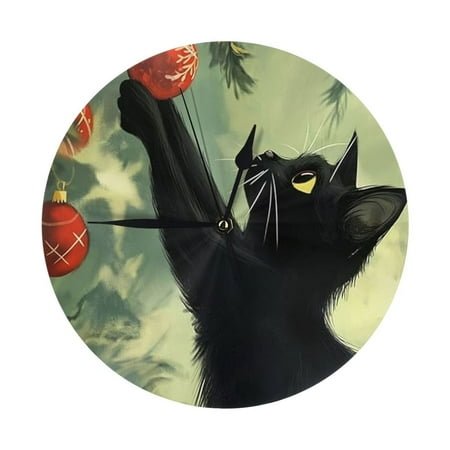 Round Wall Clock Cute Black Cat Christmas Printed Decorative & Creative Dual-Purpose Clocks Battery Operated For Home/Office/Classroom/School Clock