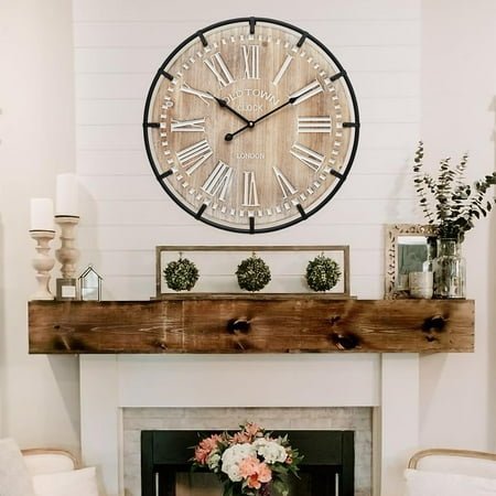 Rustic Antique Wood with Metal Circle and Large Engraved Numerals & 20 Inch Large Farmhouse Wall Clock & Silent Battery Operated Wall Clock for Office Kitchen Bedroom Living Room