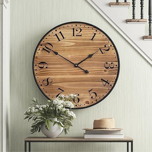 Rustic Farmhouse Wall Clocks for Living Room Decor, Large 24 inch Wall Clock with Dark Brown Wooden Face and Black Metal Frame, Silent Battery Operated for Kitchen Bedroom Entryway