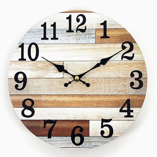 Rustic Wood Wall Clock 10 Round | Country Retro Rustic Style | Decorative for Living Room, Kitchen, Bathroom (Brown)