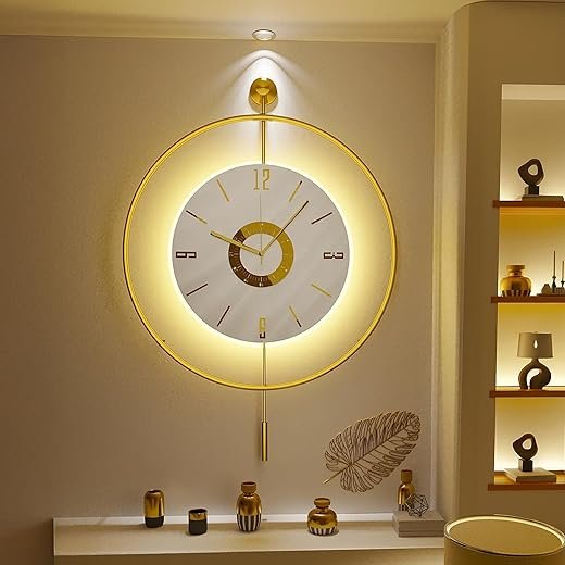 Scandinavian Dial Large Clock, Led Wall Clock for Living Room, Pendulum Wall Clock, Gold Metal Circle