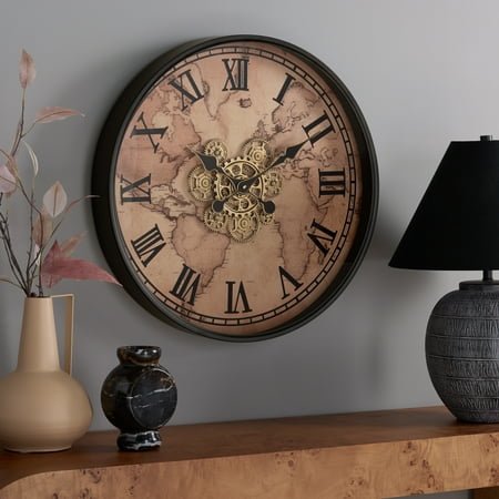 SEI Edson 24 World Map Gear Wall Clock, Beige/Black