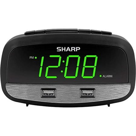 Sharp Digital Electrical Powered Alarm Clock Dual USB Fast Charge USB Ports – Green LED Display Black Case