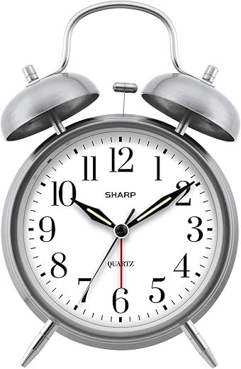 Sharp Twin Bell Alarm Clock - Loud Alarm - Great for Heavy Sleepers - Battery Operated Quartz Analog Clock (Brushed Silver)