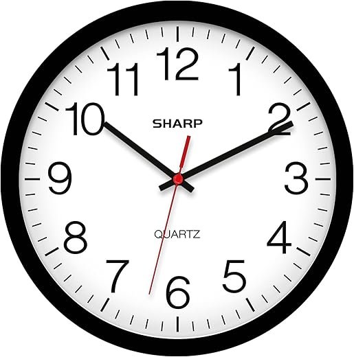 Sharp Wall Clock – Black, Silent Non Ticking 14 Inch Quality Quartz Battery Operated Round Easy to Read Home/Kitchen/Office/Classroom/School Clocks, Sweep Movement