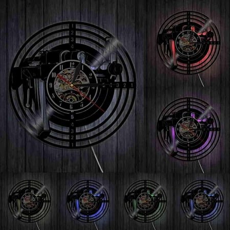 Shooting Gun Vinyl Record Wall Clock Shooting Target Vinyl Clock Air Rifle Circle Modern Vinyl Army Wall Art Decorative Clock With LED
