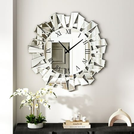 SHYFOY Modern Silver Glass Wall Clock Accent Clocks for Living Room