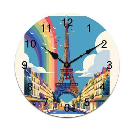Silent Wall Clock 25cm/9.84in Round Wall Clock Paris Pride Eiffel Tower Hanging Clock for Home Living Room Bedroom Kitchen Non Ticking Battery Operated Living Room Mute Clock