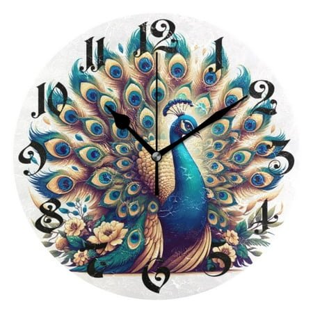 Silent Wall Clock A Beautiful Peacock 10 Non-Ticking Battery Clock Rustic Retro Home Decorative for Living Room Kitchen Bathroom