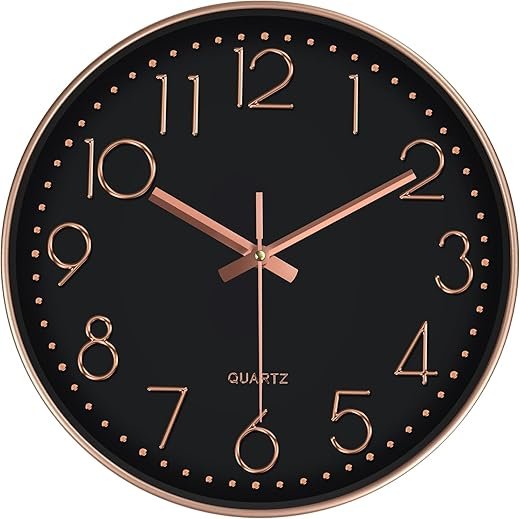 Silent Wall Clocks Battery Operated 8 Inch, Analog Wall Clock with Oversized Number Tempered Glass Clock Face, Non Ticking Wall Clocks for Living Room Bedroom Kitchen Office, Black Rose Gold
