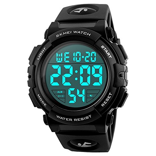 SKMEI Large Face Digital Watch Men’s Sports Waterproof LED Military Wristwatches Chronograph Alarm Clock (Black)