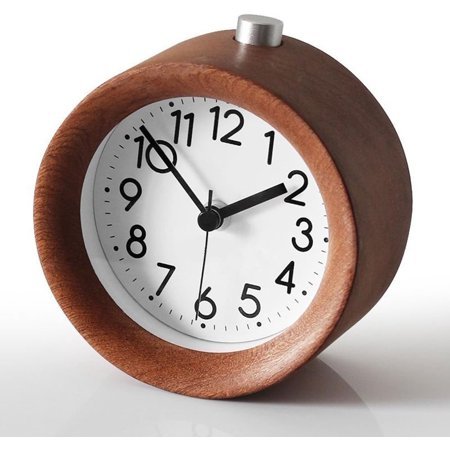 Small Battery Operated Analog Travel Alarm Clock , Creative Wood Clock Silent No Ticking, Ascending Beep Sounds, Snooze,Light Functions,Gentle Wake, Easy Set.