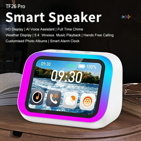 Smart Alarm Clock with Wireless Speaker, AI Voice Assistant, HD Display, RGB Light, Call Function, Stereo Sound, Period Tracker, 2000mAh Battery, Portable Bedside Digital Clock