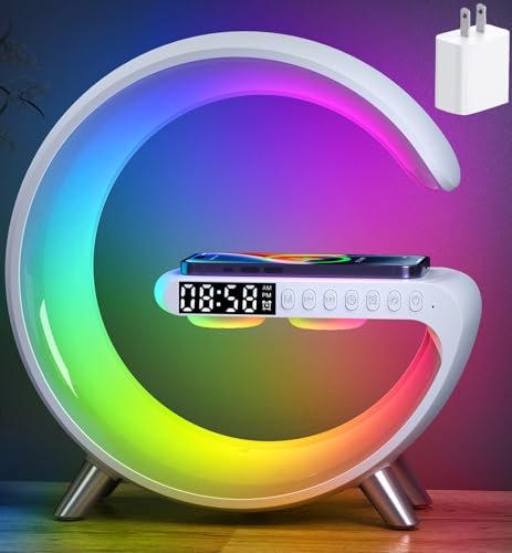 Smart LED Table Lamp, 5-in-1 Night Light Fast Wireless Charging Station, 256 Lights Mode Dimmable Bedside Lamp, Bluetooth Speaker & App Control for Bedroom, Home Decor, Alarm Clock for Festival Gifts