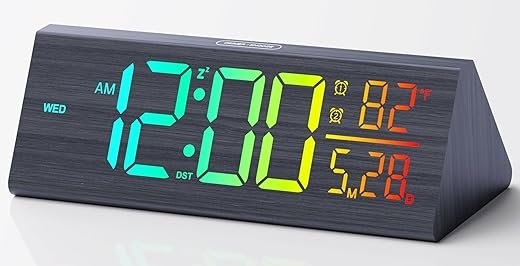 Solid Wood Digital Alarm Clock for Bedroom - 8.8 Inch Large Display for Living Room, See Time Instantly! Multicolor Backlight Time Display, Dual Alarms, Date/Temp/Day, DST, Snooze (Black)