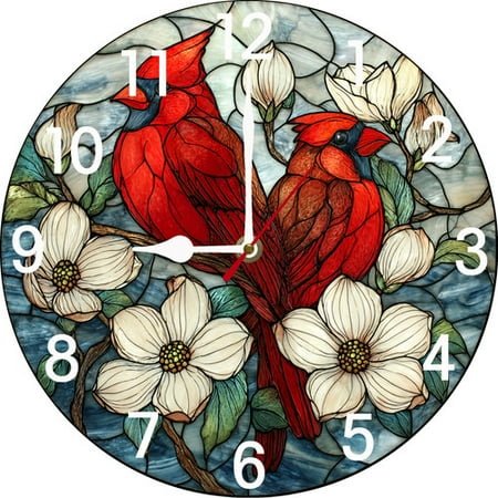 Soliyoahee Red Cardinal Bird Wall Clock 10inch Wooden Round Bathroom Decorative Clock Silent No Ticking Battery Operatedfor Bathroom Kitchen Living Room Bedroom Wall Decor (Style 1)