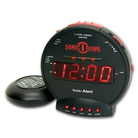 Sonic Bomb Dual Extra Loud Alarm Clock with Bed Shaker, Black & Red | Sonic Alert Vibrating, Heavy Sleepers, Battery Backup | Wake with a Shake