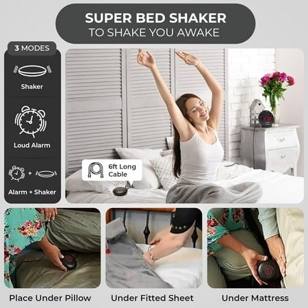 Sonic Bomb Dual Extra Loud Alarm Clock with Bed Shaker, Black | Vibrating, Heavy Sleepers, Battery Backup Wake a Shake