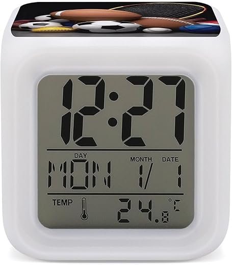 Sports Themed Printed Alarm Clock Night Glowing Cube for Kids and Toddlers ,7 LED Color Changing Wake Up Clock Home Decor Bedroom Digital with Temperature Display