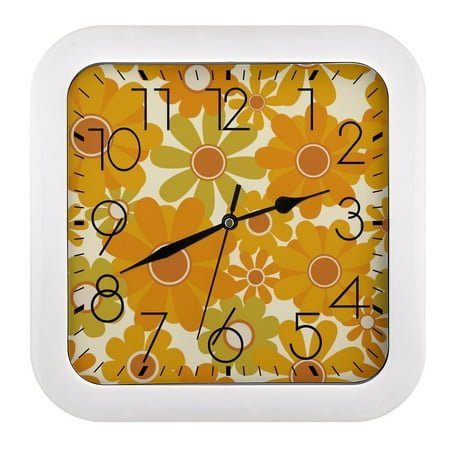 Square Clock 10.2in Easy To Hang Sweep Second Sound Light For Office Bedroom Living Room Classroom Dining Room Hanging 70s Retro Sunflower Pattern