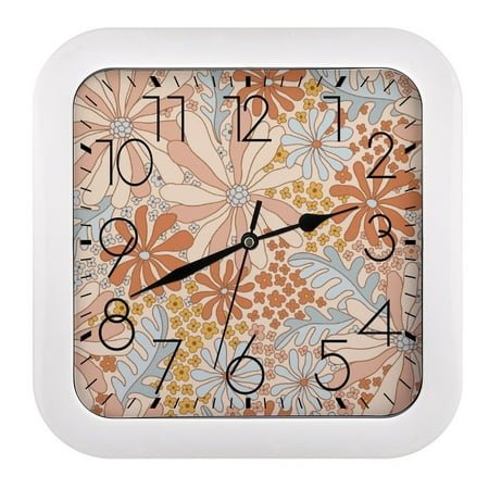 Square Clock 10.2in Easy To Hang Sweep Second Sound Light For Office Bedroom Living Room Classroom Dining Room Hanging Retro 70s 60s Floral Summer